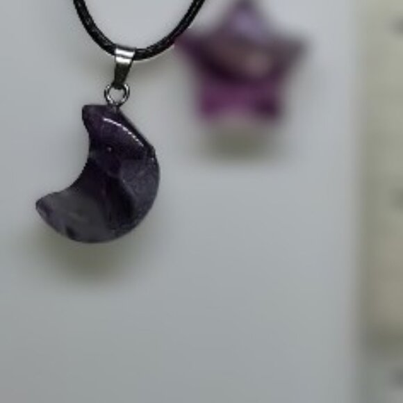Purple Fluorite Moon Pendant and Cord Necklace Clarity Focus Wisdom - Picture 2 of 6